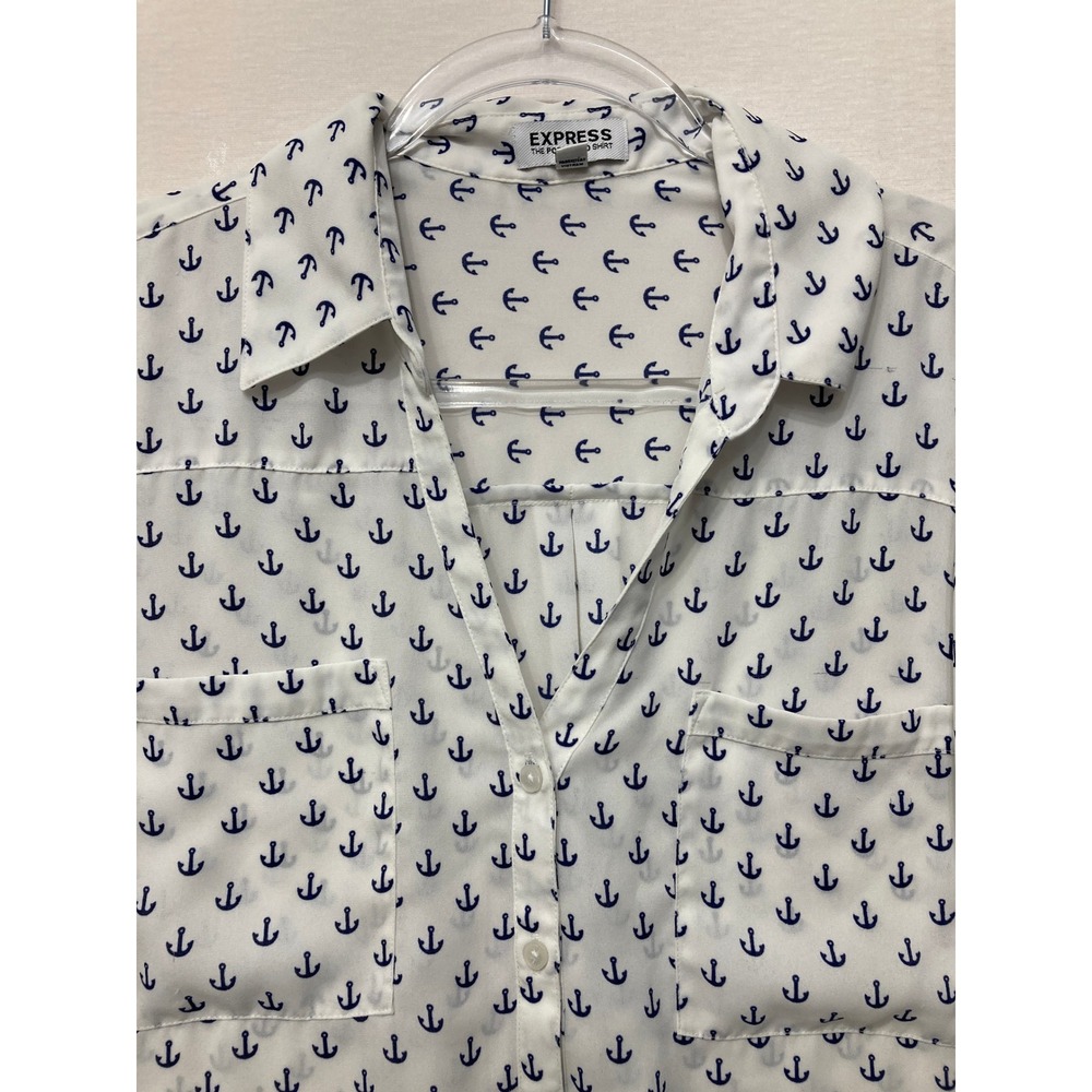 Express Portofino Shirt Large White Blue Anchor Nautical Button Down Blouse